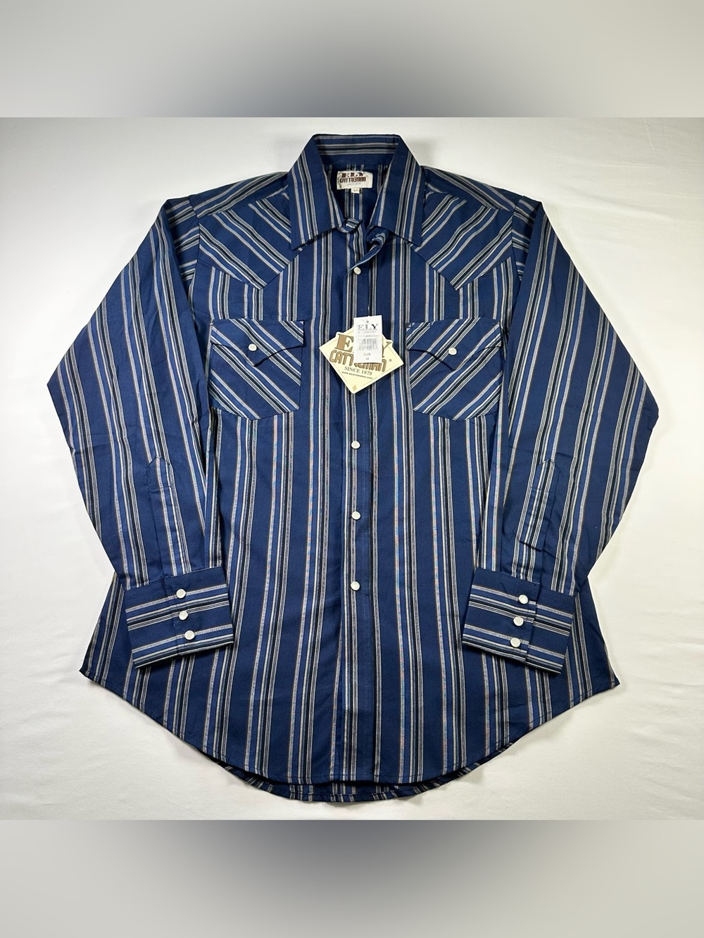 Ely Cattleman Pearl Snap Shirt Mens M NWT Blue Gray Stripe Western Rodeo